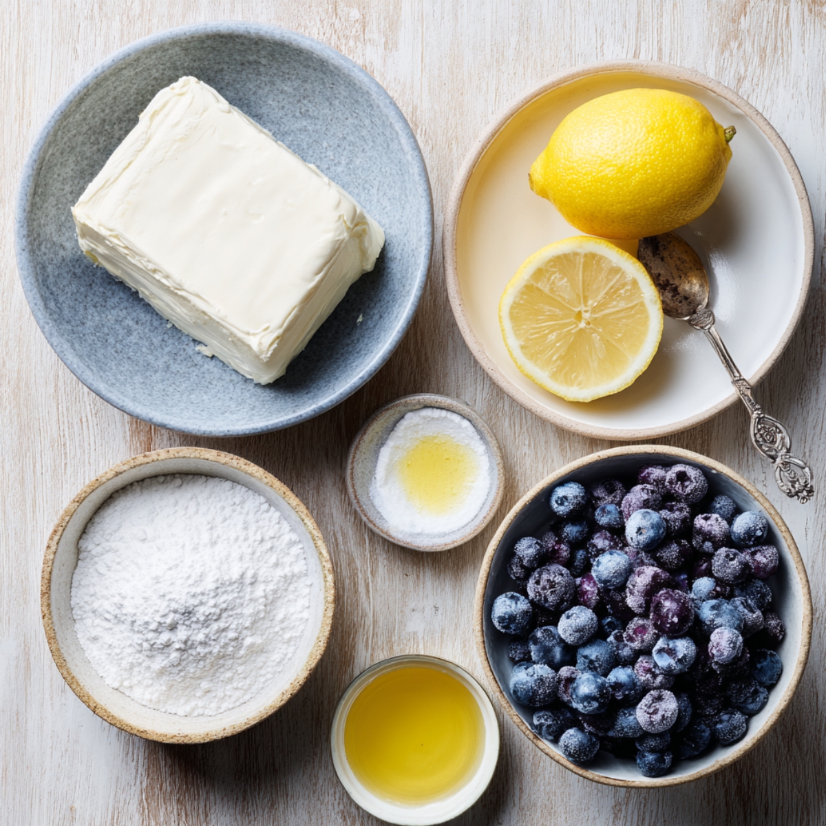 Ingredients for blueberry cheesecake swirl cookies laid out on a light wooden surface, including cream cheese, powdered sugar, lemon, vanilla, and a bowl of frozen blueberries.