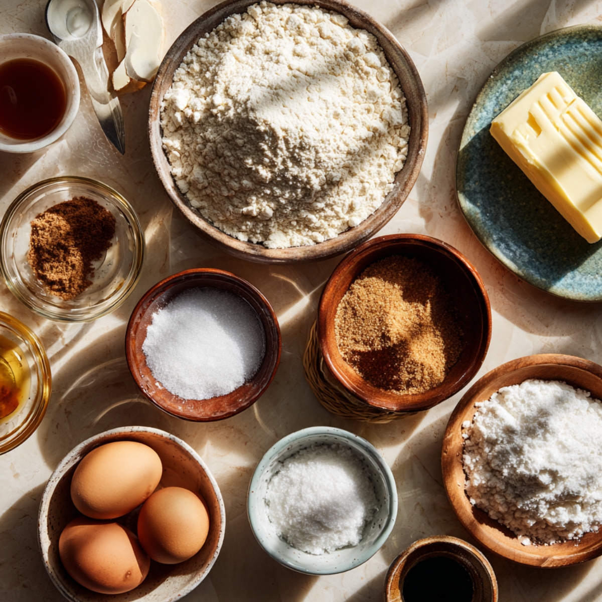 A flat lay of baking ingredients for blueberry cheesecake swirl cookies, including flour, butter, sugars, eggs, salt, vanilla, and cream cheese, arranged in ceramic and wooden bowls under warm natural sunlight.