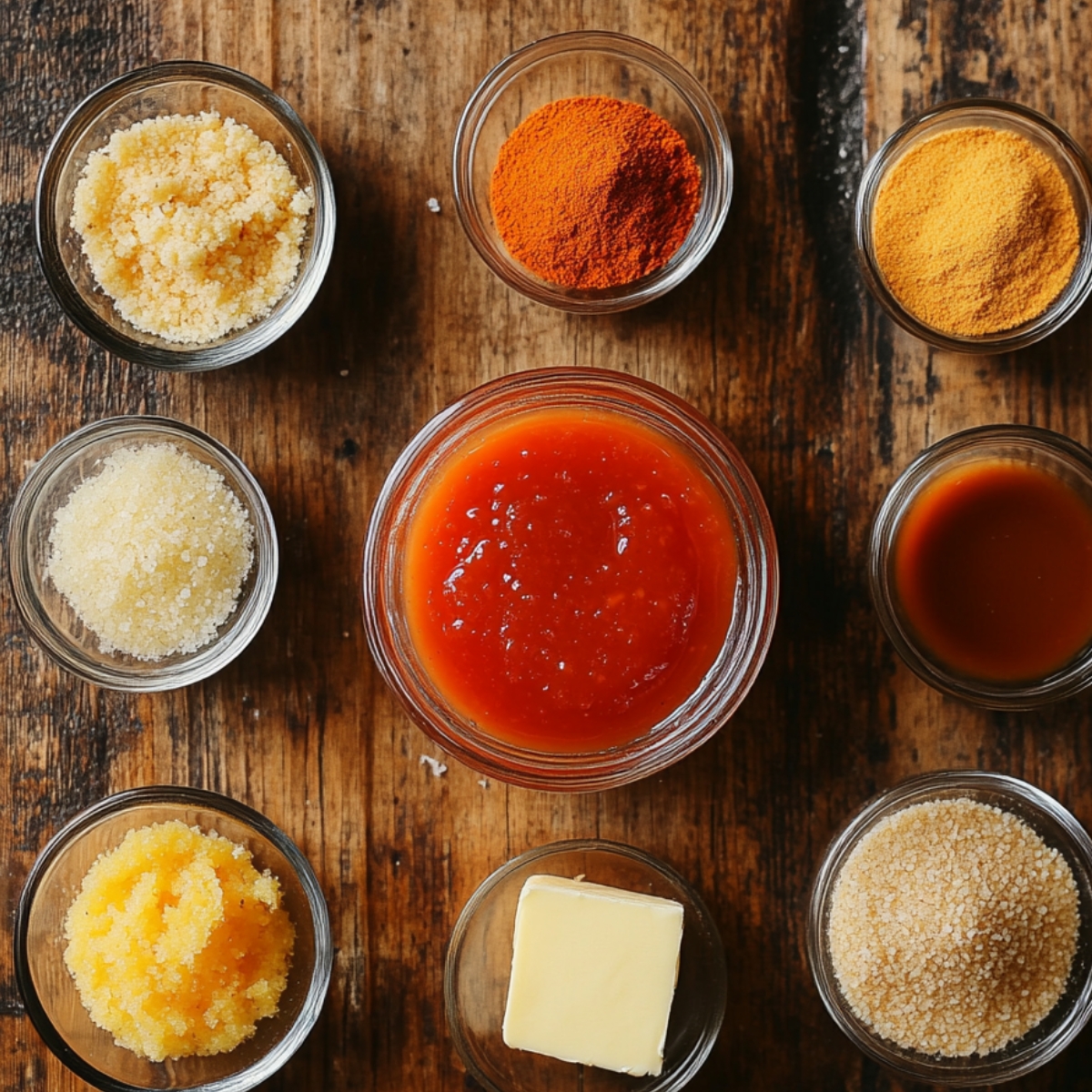 Bowls of buffalo sauce ingredients including hot sauce, butter, spices, and seasonings arranged on a rustic wooden table, ready for cooking.