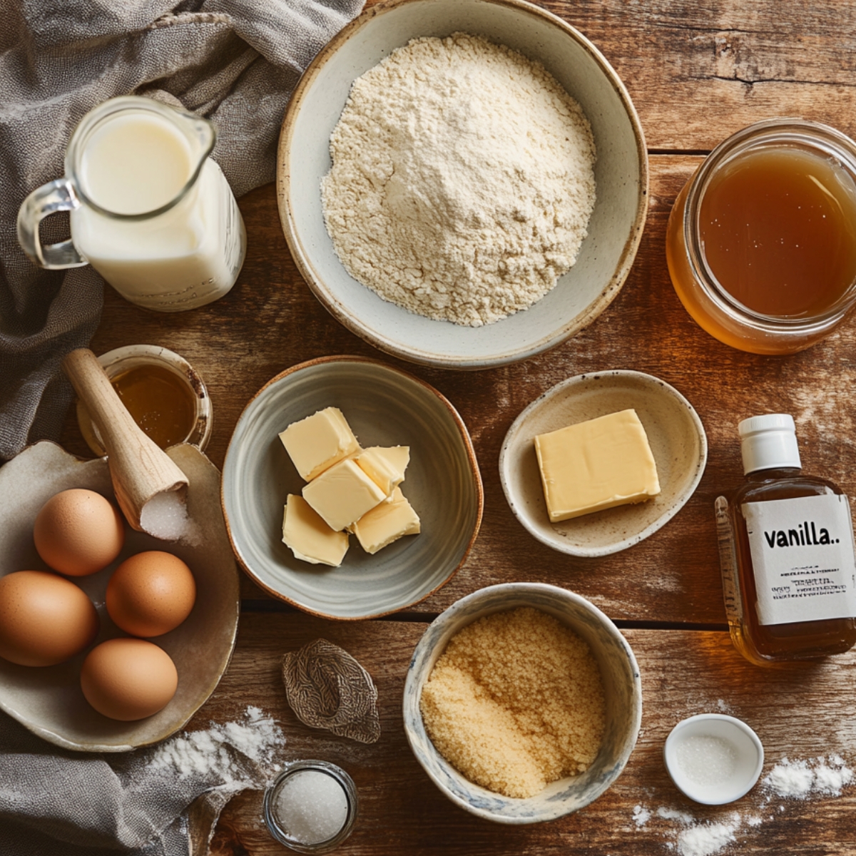 Ingredients for homemade caramel cake on a rustic wooden table, including flour, brown sugar, butter, eggs, milk, vanilla, salt, and a jar of caramel, arranged in ceramic bowls with a warm, cozy feel.