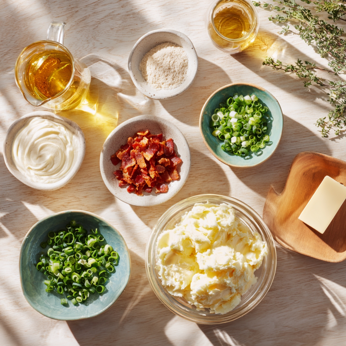 Fresh ingredients for cheesy potato pancakes on a sunlit wooden table—mashed potatoes, chopped green onions, bacon bits, sour cream, butter, oil, and breadcrumbs, arranged in small bowls with natural lighting.