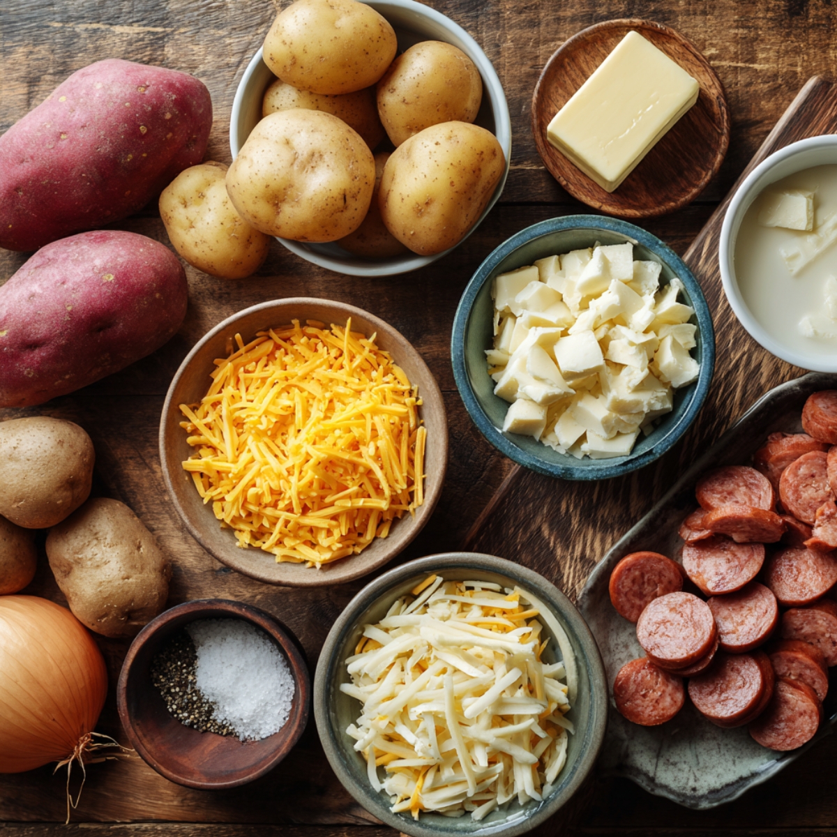 Flat lay of fresh ingredients for cheesy ranch potatoes and sausage, including red and yellow potatoes, shredded cheese, sliced sausage, butter, and seasonings on a rustic wooden surface.