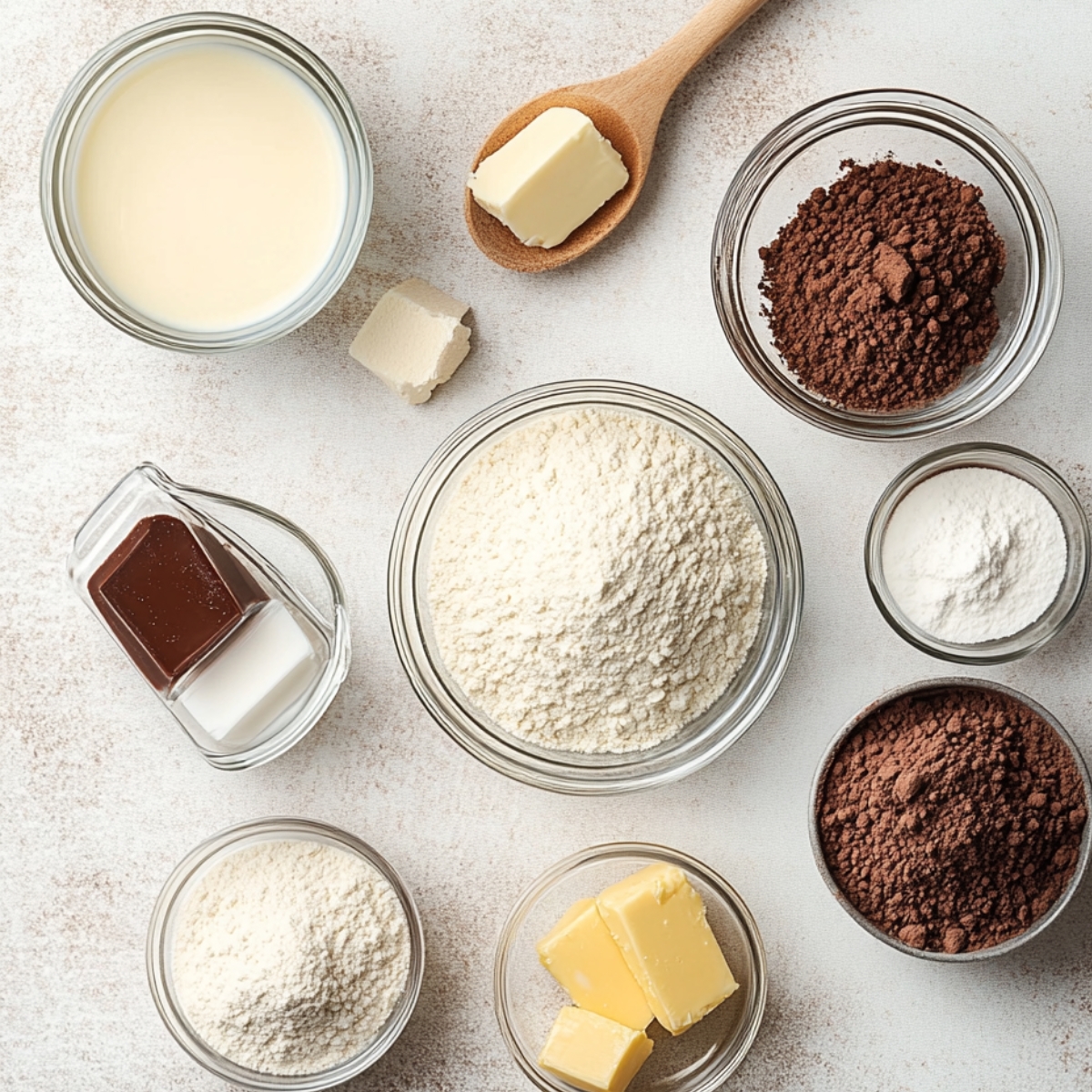Measured ingredients for homemade chocolate pudding cake, including flour, cocoa powder, butter, baking powder, and milk, arranged in clear bowls on a light surface.