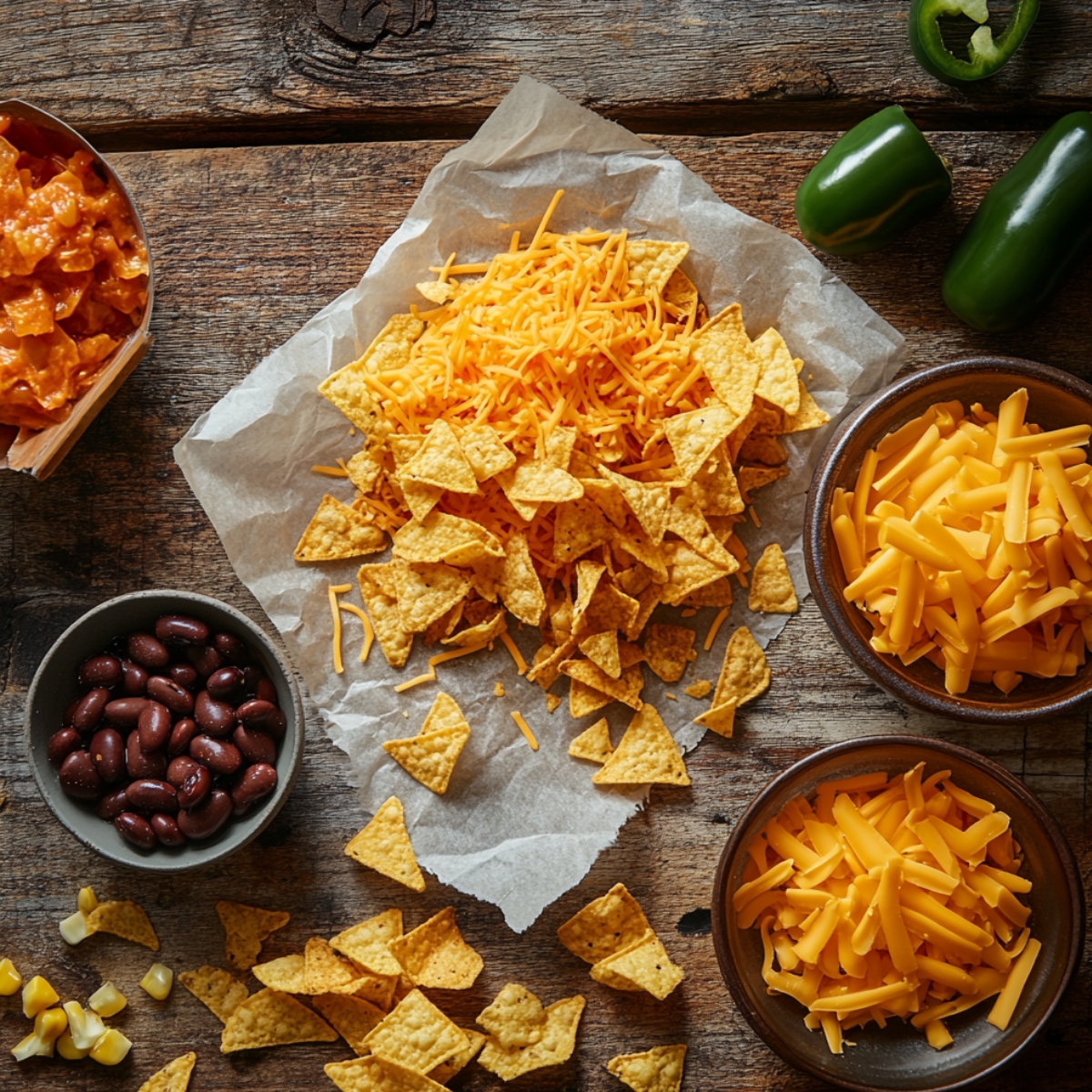 Dorito casserole ingredients including shredded cheddar, crushed and whole nacho chips, black beans, corn, jalapeños, and creamy tomato mixture, arranged on a rustic wooden table.