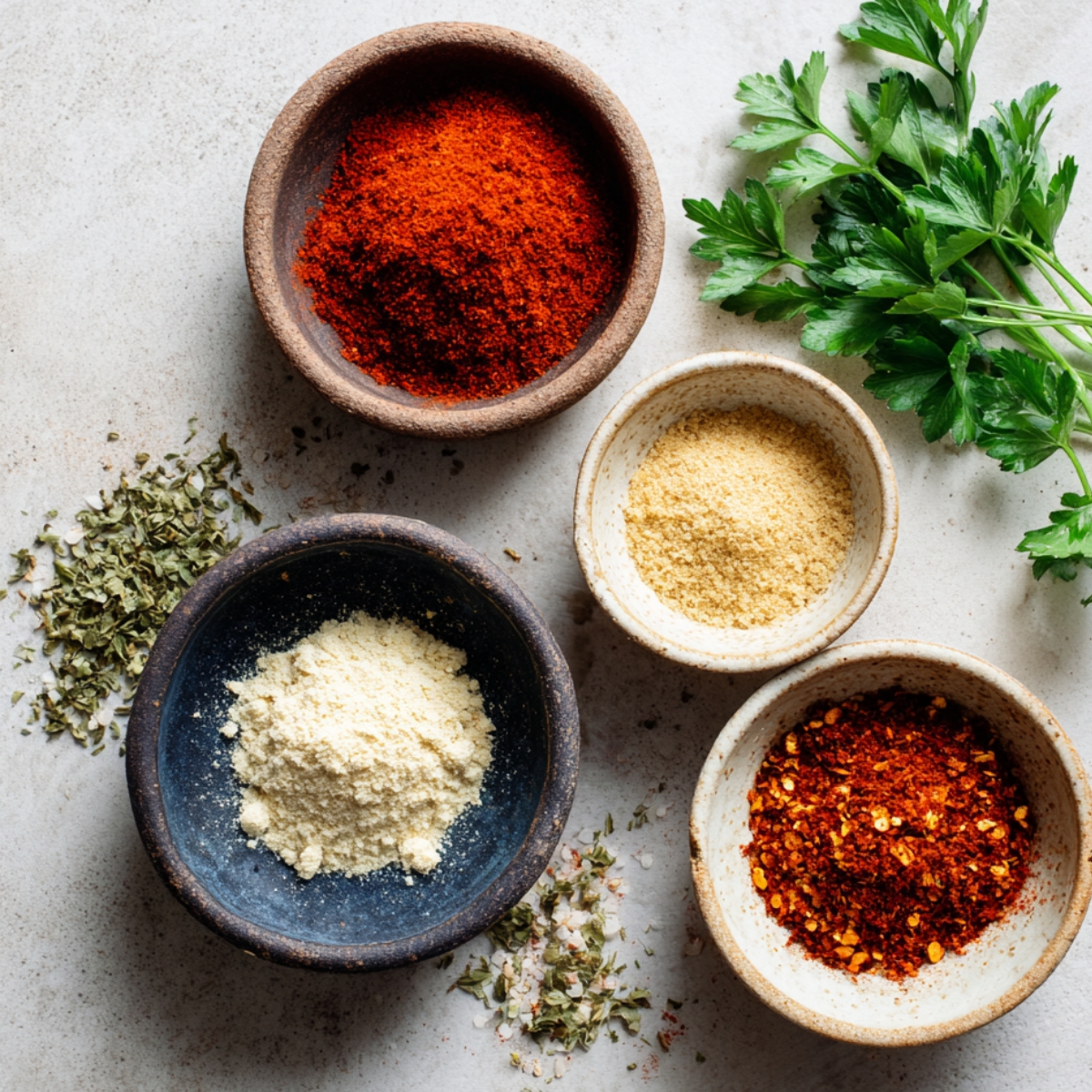 A flat lay of small ceramic bowls filled with paprika, garlic powder, red pepper flakes, and parsley on a light kitchen countertop. Fresh herbs and scattered spice flakes give it a natural, homemade cooking prep feel.