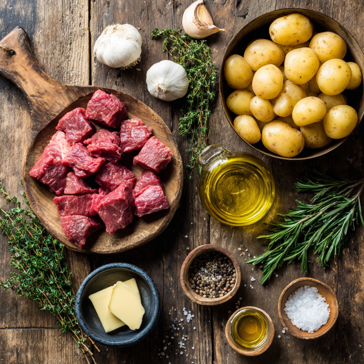 Flat lay of raw ingredients for homemade garlic steak bites and potatoes on a rustic wooden surface. Includes cubed raw steak, baby potatoes, garlic bulbs, butter slices, olive oil, salt, pepper, and fresh rosemary and thyme.