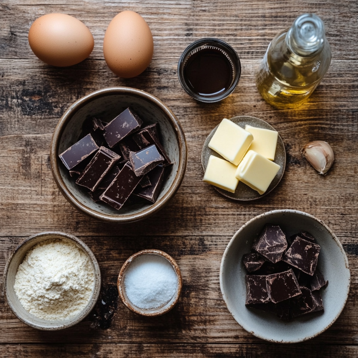 A rustic wooden table with ingredients for German chocolate brownies: eggs, chopped chocolate, butter, flour, salt, vanilla extract, and oil, arranged naturally in ceramic bowls.
