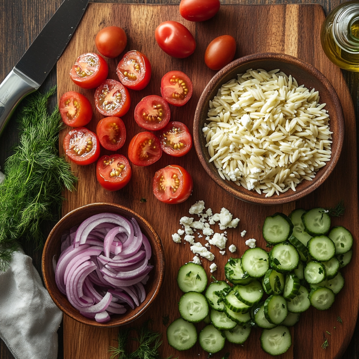 Fresh ingredients for homemade Greek orzo salad on a wooden board, including orzo pasta, cherry tomatoes, cucumber slices, red onion, feta cheese, dill, and olive oil.