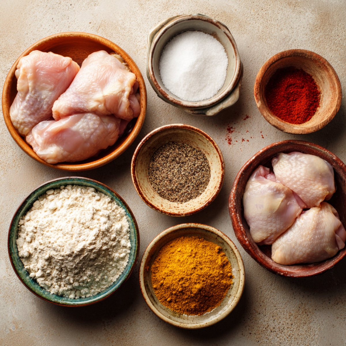 A flat lay of raw chicken thighs, flour, salt, pepper, paprika, and garlic powder in ceramic and wooden bowls, styled naturally on a kitchen countertop.