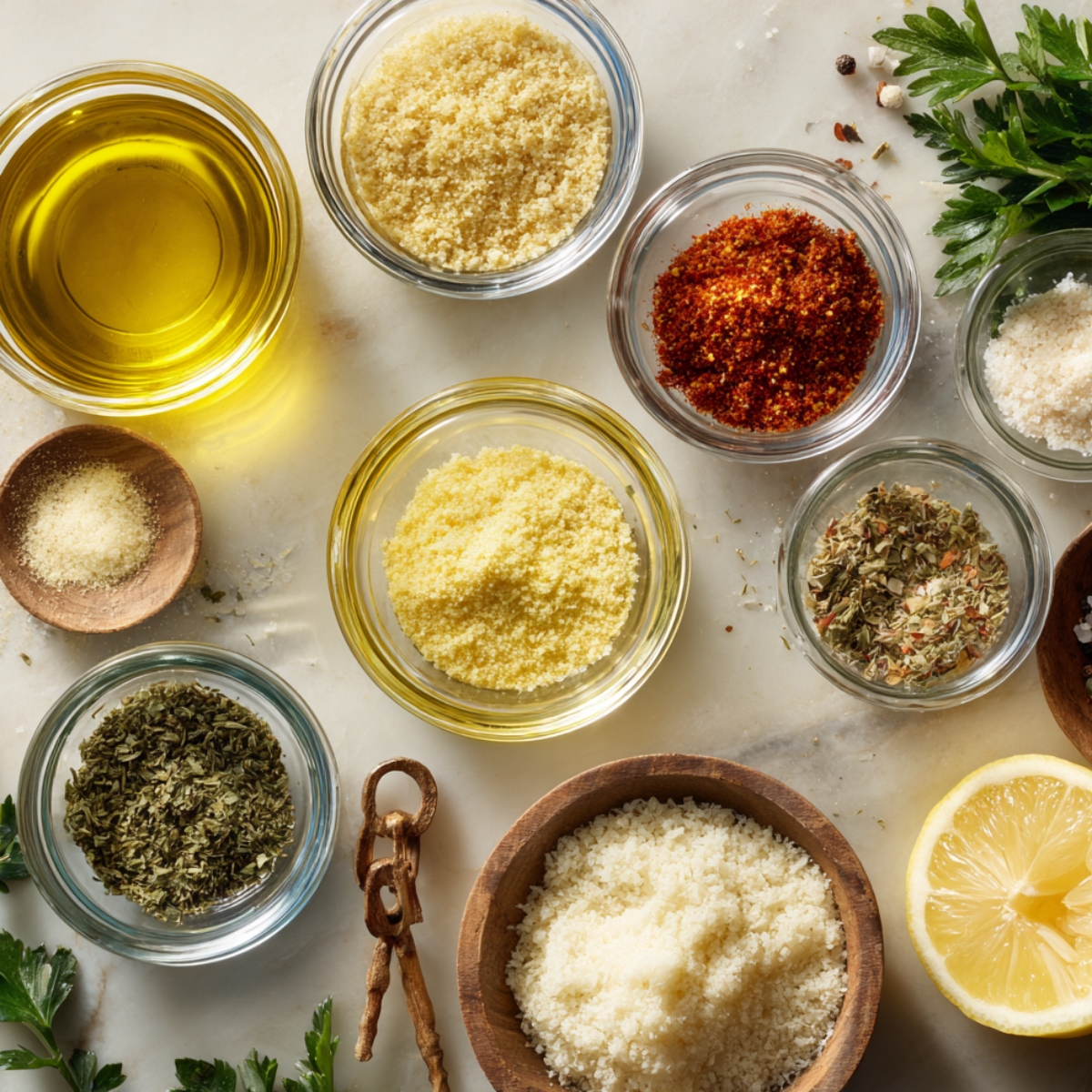A top-down view of seasonings and garnishes including olive oil, grated Parmesan, garlic powder, herbs, chili flakes, salt, and lemon on a marble surface.