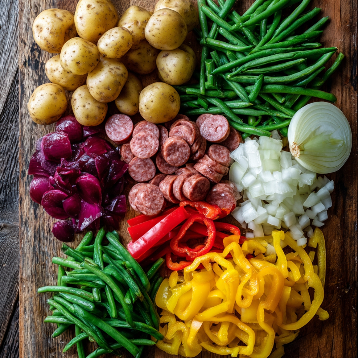 Fresh, raw ingredients for kielbasa, green beans, and potatoes, including sliced sausage, baby potatoes, bell peppers, onions, and green beans, arranged on a wooden cutting board.