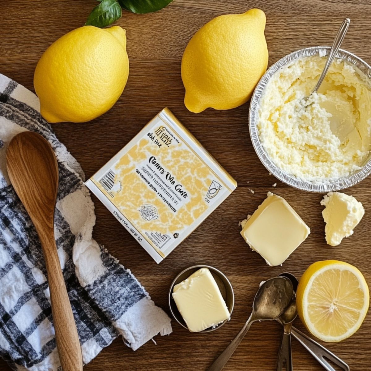 Top-down view of lemon dump cake ingredients on a wooden counter: lemons, butter, cream cheese filling, lemon cake mix box, measuring spoons, and a kitchen towel.