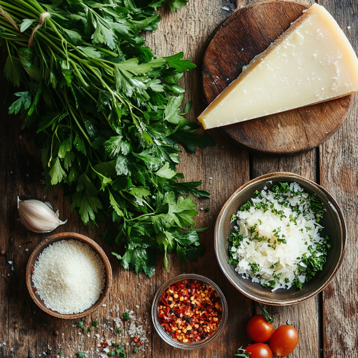 Fresh ingredients for lobster ravioli sauce, including parsley, garlic, Parmesan cheese, red pepper flakes, salt, and cherry tomatoes, on a rustic wooden table.