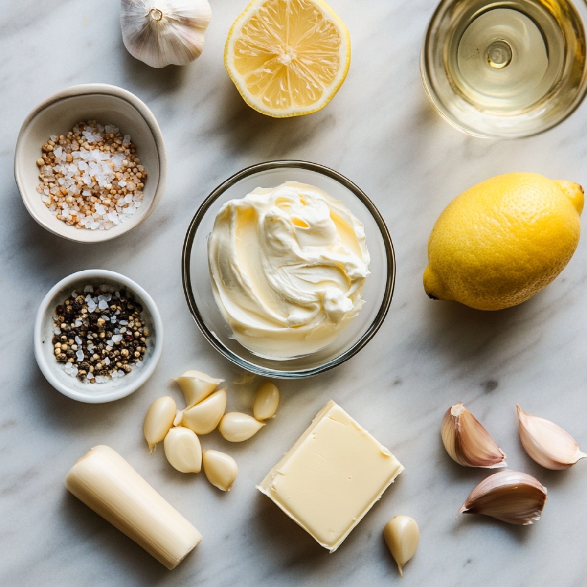A real kitchen flat lay of lobster ravioli sauce ingredients, including butter, garlic, shallot, lemon, cream, salt, pepper, and white wine, on a marble countertop.