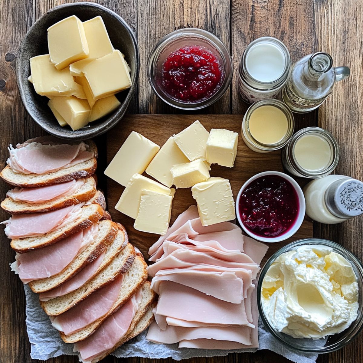 Ingredients for a homemade Monte Cristo sandwich, including sliced bread with ham, turkey, butter, jam, cream, and milk, arranged on a rustic wooden surface.