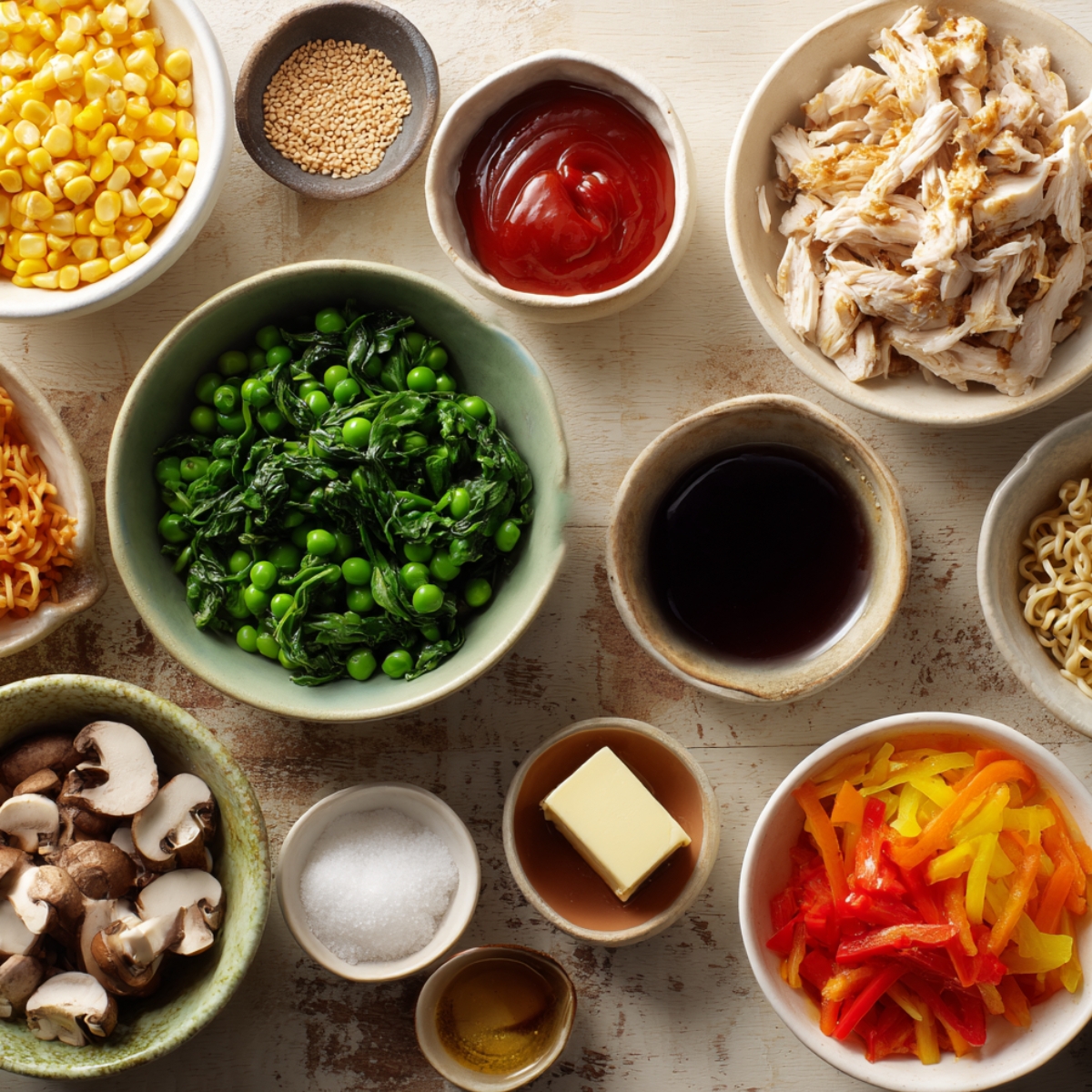 Flat lay of homemade ramen toppings and flavor boosters including spinach, peas, shredded chicken, mushrooms, bell peppers, corn, soy sauce, butter, sesame seeds, and seasoning on a rustic light wood surface.