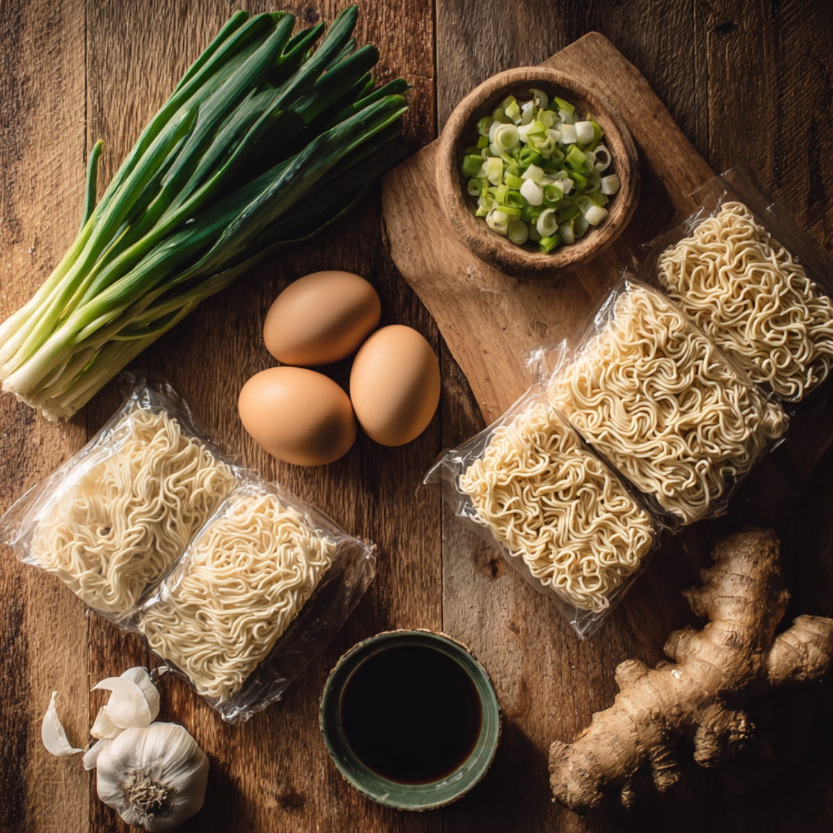 Top-down view of ramen noodle ingredients including packaged dry noodles, eggs, green onions, garlic, ginger, and soy sauce on a rustic wooden surface.