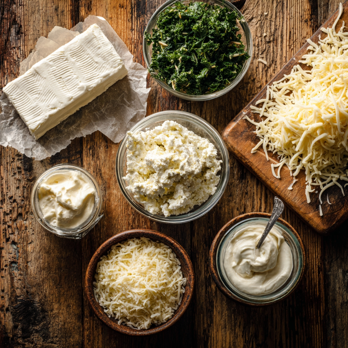 Top-down view of spinach artichoke dip ingredients on a rustic wooden table: cream cheese, sour cream, mayo, shredded mozzarella, grated Parmesan, chopped spinach, and ricotta.