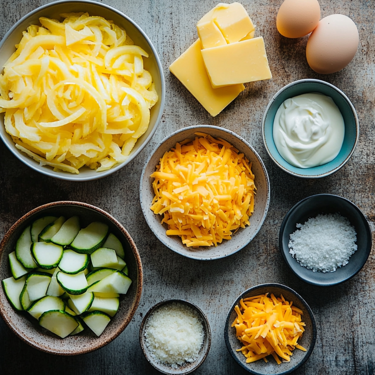Fresh ingredients for homemade squash casserole, including sliced squash, cheddar cheese, butter, sour cream, eggs, and seasonings, arranged on a rustic countertop.