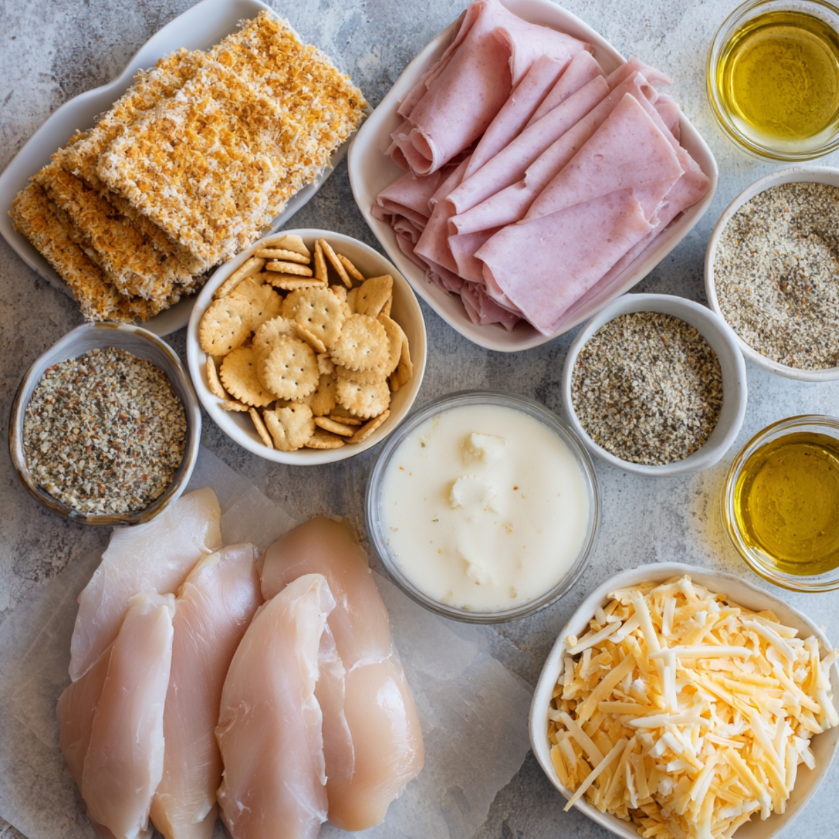 A flat lay of homemade squash casserole ingredients, including raw chicken breasts, sliced deli ham, shredded cheese, crackers, breadcrumbs, cream soup, oil, and seasonings.
