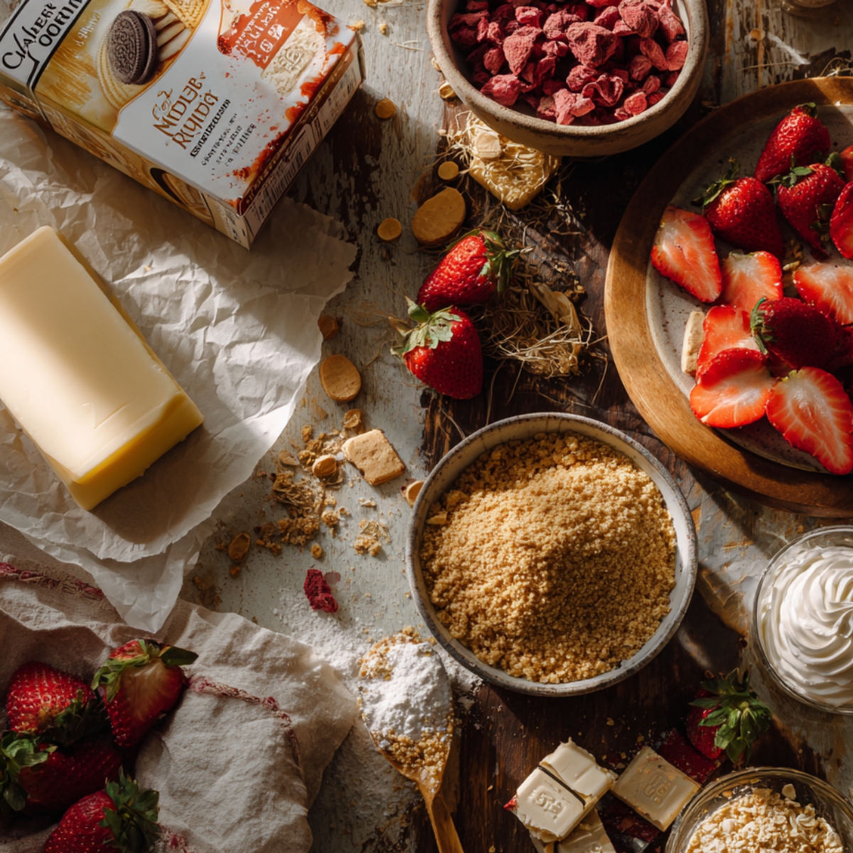 Strawberry crunch cheesecake taco ingredients spread on a rustic surface, including Golden Oreos, butter, freeze-dried and fresh strawberries, strawberry cake mix, graham crumbs, whipped cream, powdered sugar, and white chocolate.