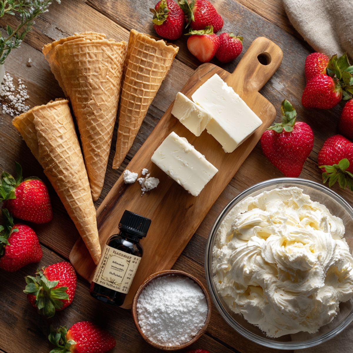 A rustic kitchen counter with waffle cones, cream cheese, whipped cream, powdered sugar, vanilla extract, and fresh strawberries arranged for making strawberry crunch cheesecake tacos.
