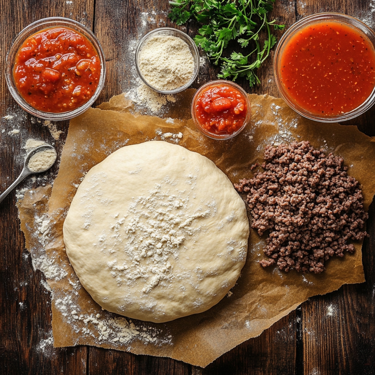 Homemade taco pizza ingredients on a wooden table, including pizza dough, ground beef, salsa, sauce, seasoning, and cilantro.