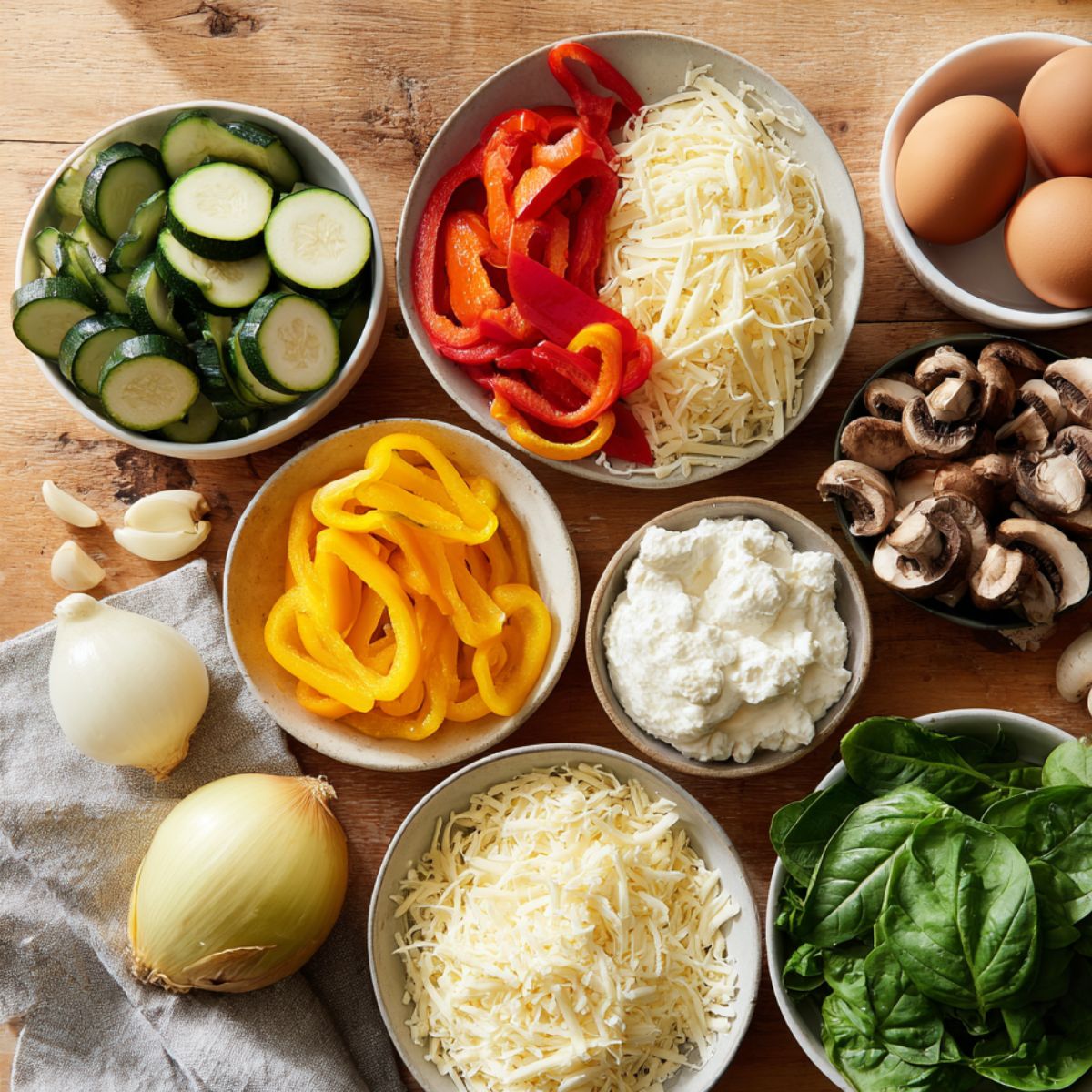 Fresh vegetable lasagna ingredients on a wooden table: sliced zucchini, bell peppers, mushrooms, spinach, cheeses, garlic, onion, and eggs arranged in bowls with natural lighting.