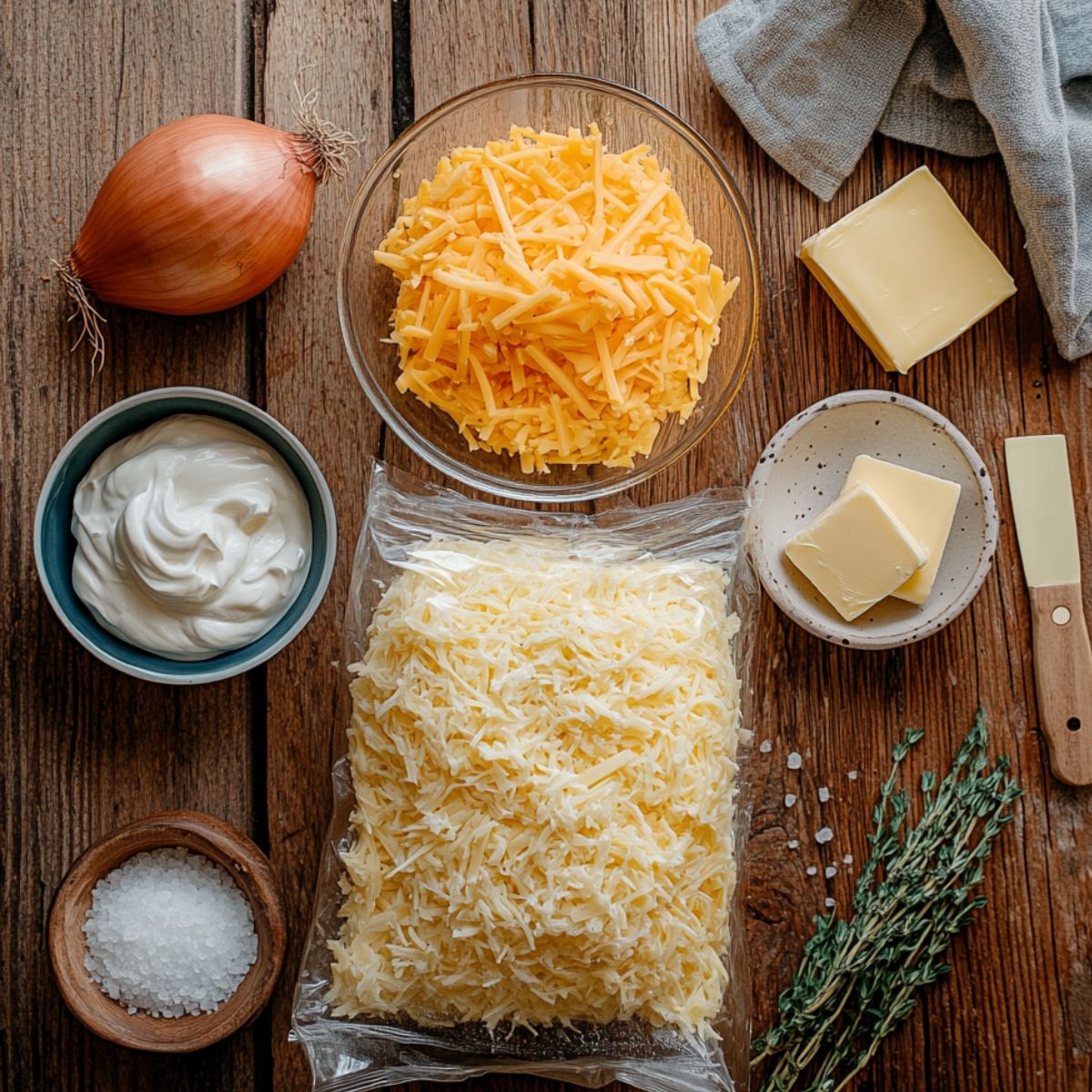 Ingredients for hashbrown casserole on a wooden surface, including shredded cheese, frozen hashbrowns, sour cream, butter, onion, salt, and fresh herbs.