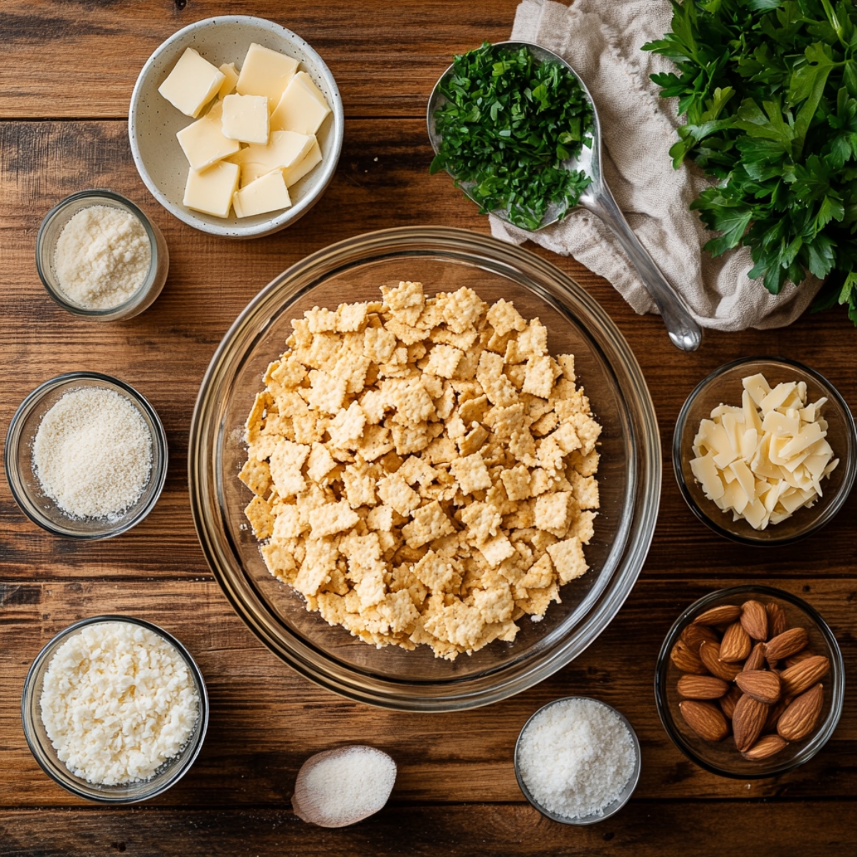 Top-down view of crushed crackers, butter cubes, shredded cheese, Parmesan, chopped parsley, and almonds on a wooden table—ingredients for poppy seed chicken casserole topping.