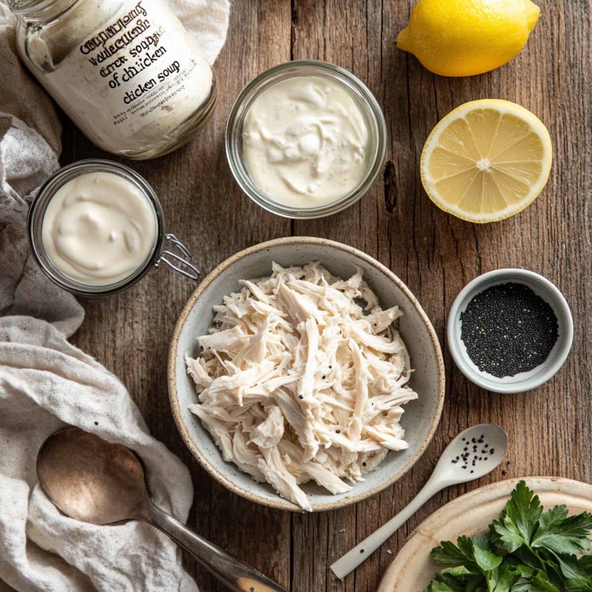 Flat lay of shredded chicken, sour cream, cream of chicken soup, poppy seeds, lemon, and parsley on a rustic wooden table—ingredients for homemade poppy seed chicken casserole.