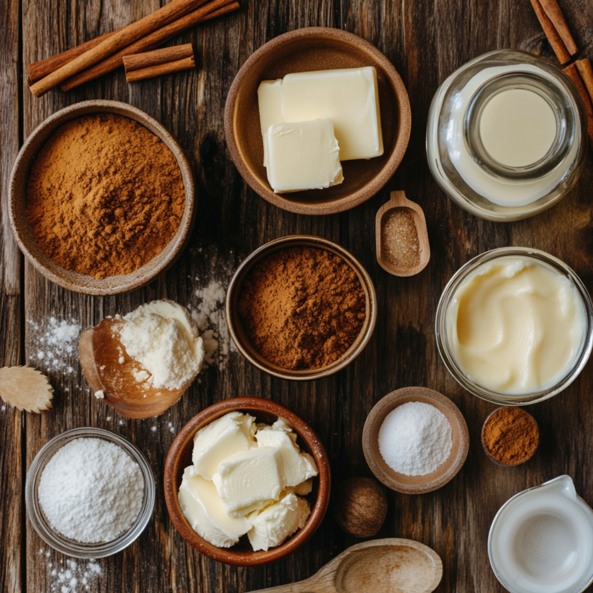 Ingredients for homemade pumpkin cinnamon rolls on a rustic wooden table—cinnamon, butter, cream, sugar, and spices in jars and bowls, ready for fall baking.