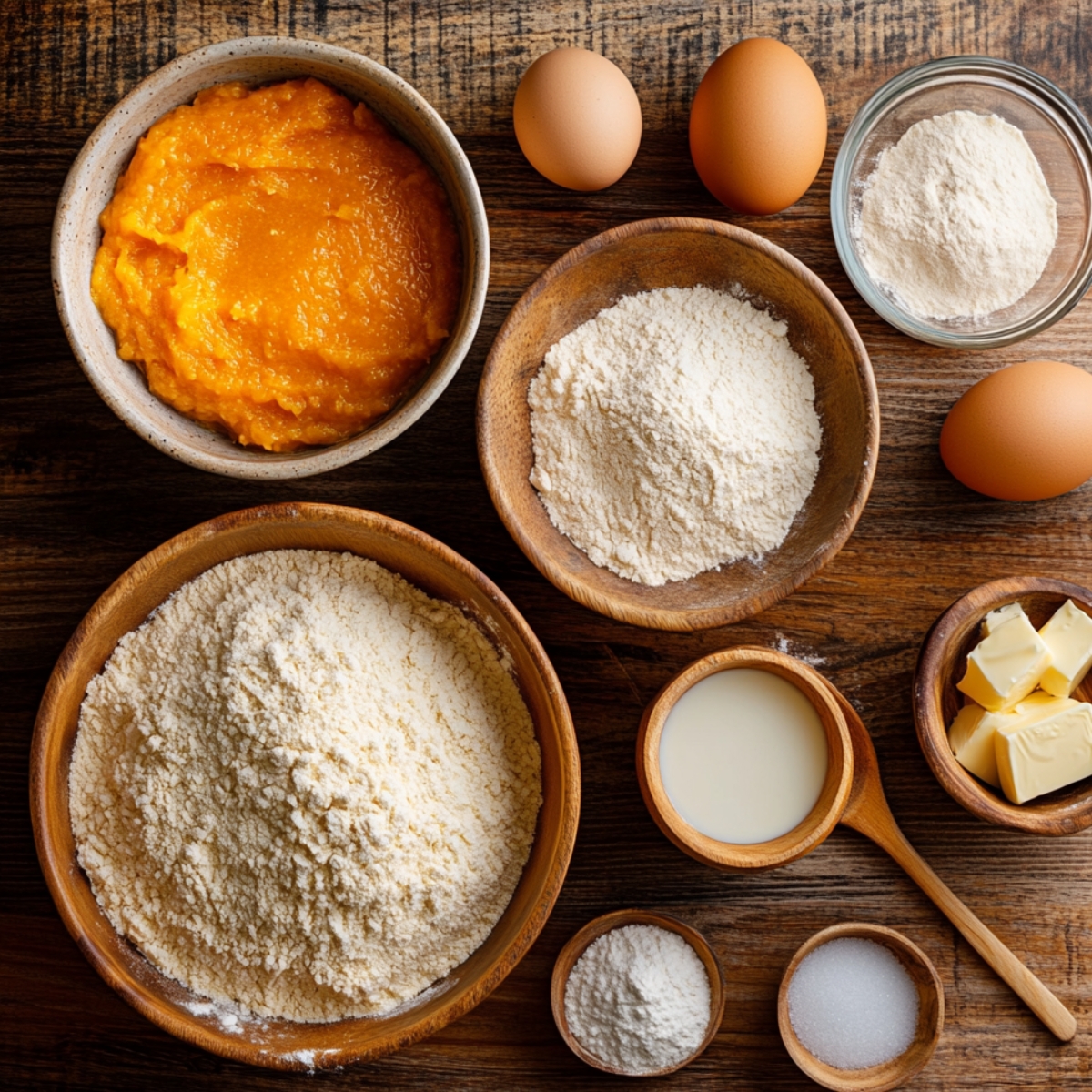 Homemade ingredients for pumpkin cinnamon rolls laid out on a wooden table—pumpkin puree, flour, eggs, butter, milk, and sugar in rustic bowls, ready for fall baking.