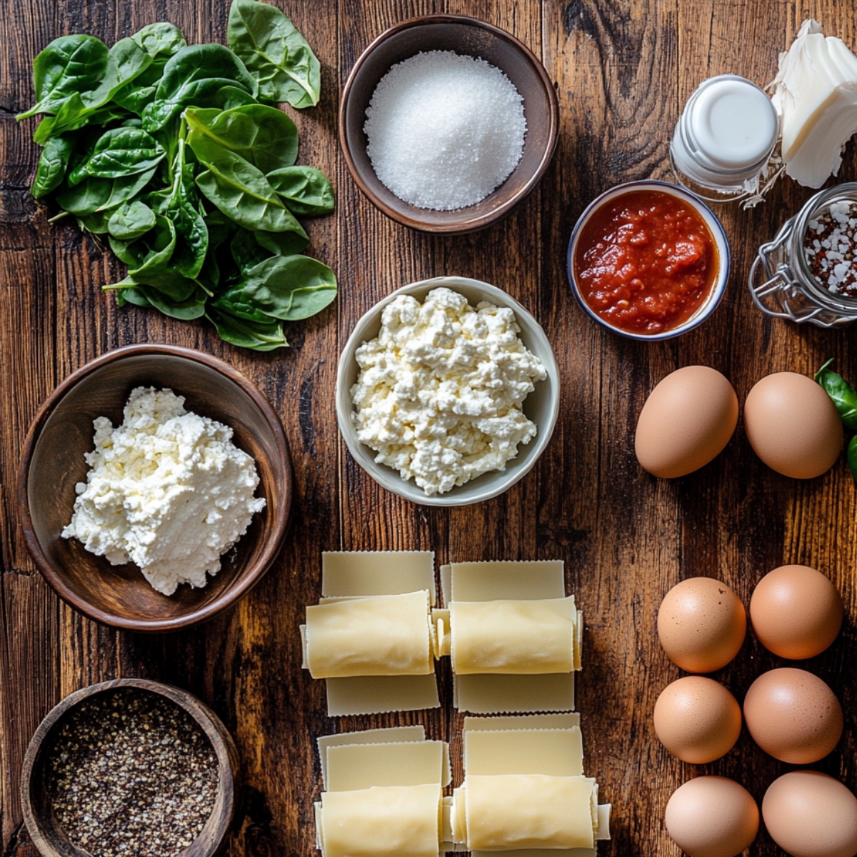 Overhead view of lasagna roll-up ingredients on a rustic wooden table, including spinach, cheeses, eggs, lasagna noodles, marinara sauce, garlic, salt, and pepper.