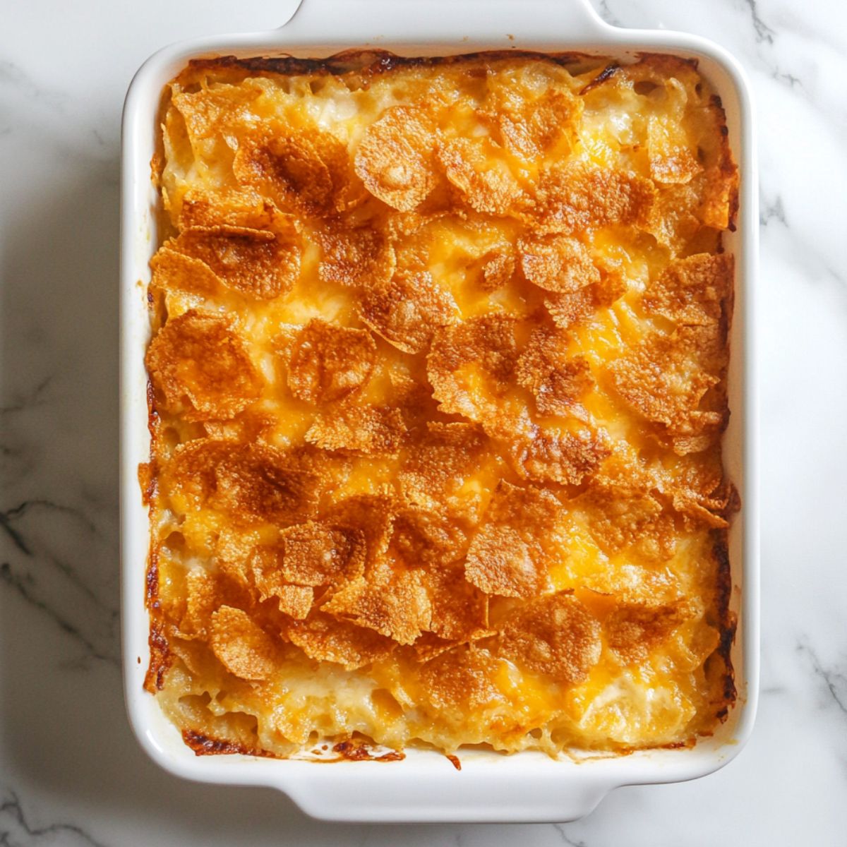 Golden-brown hashbrown casserole baked in a white dish, topped with crispy cornflakes and melted cheese, fresh from the oven on a marble countertop.