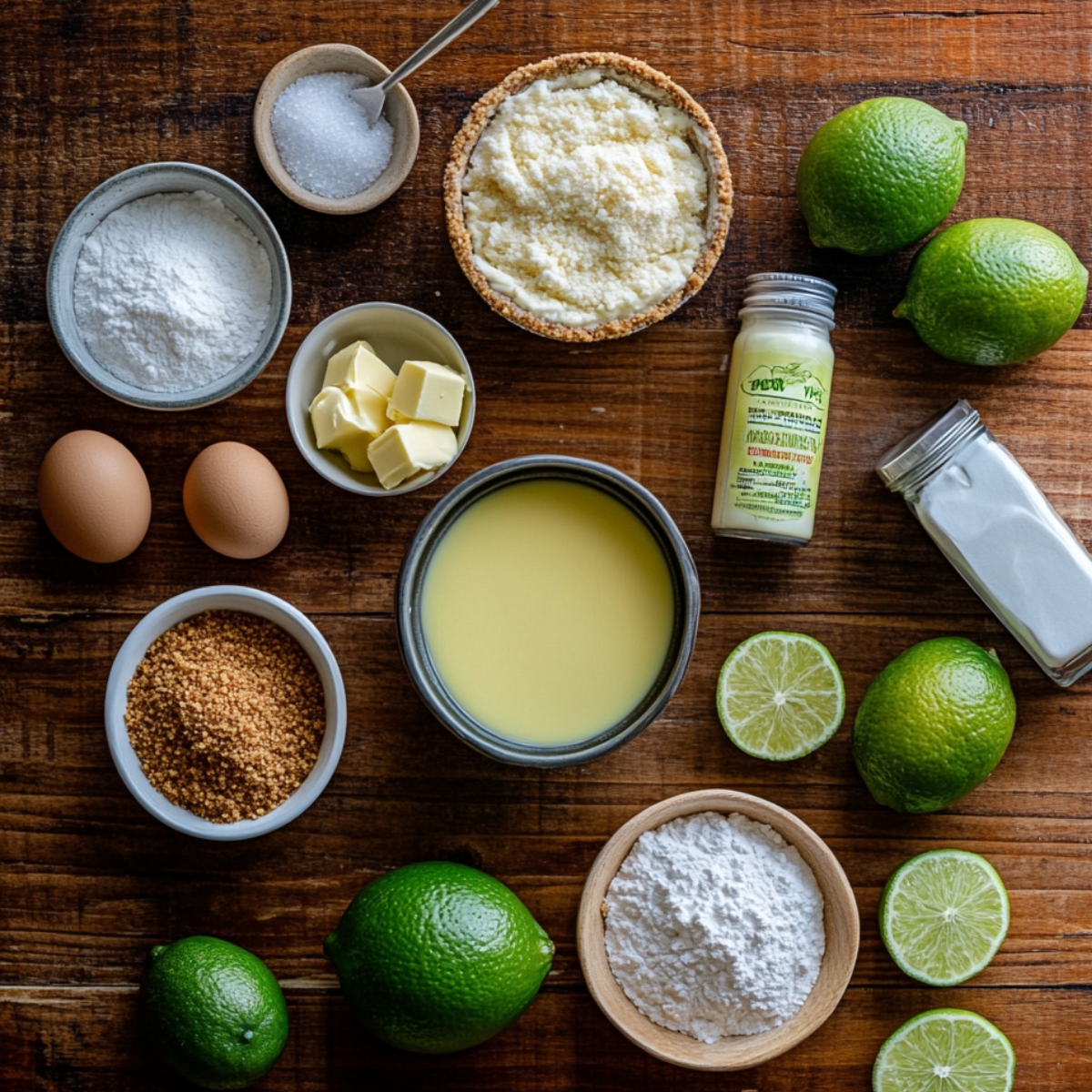 Ingredients for homemade Key Lime Pie arranged on a wooden surface, including limes, eggs, sweetened condensed milk, butter, sugars, graham crumbs, pie crust, and vanilla.