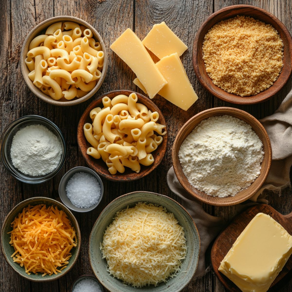 Mac and cheese ingredients on a wooden table: elbow macaroni, shredded cheeses, butter, flour, breadcrumbs, salt, milk powder, and cheddar blocks in bowls.