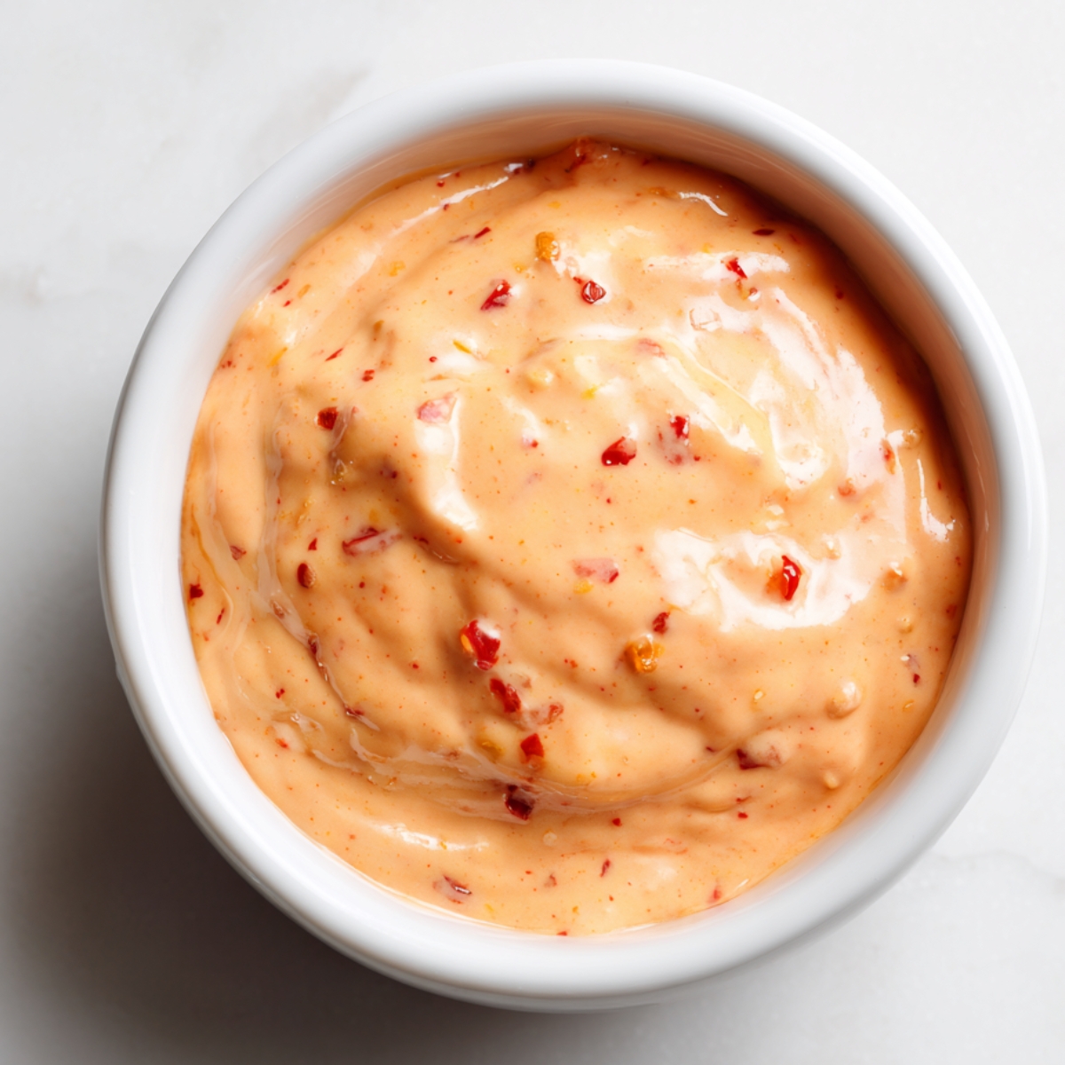 Creamy homemade Bang Bang sauce in a white ramekin with visible chili flakes, on a light marble surface.