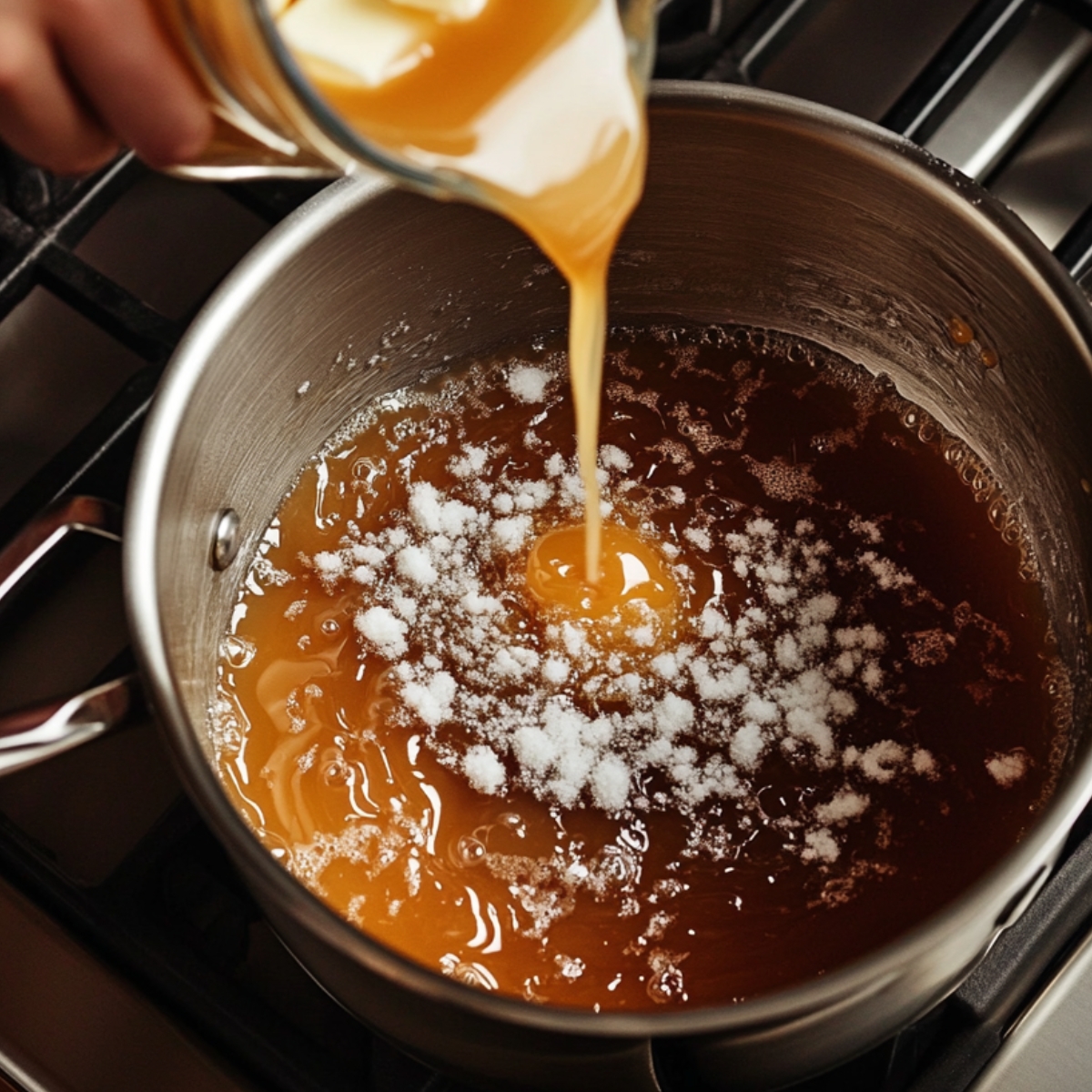 Caramel being poured into a saucepan of bubbling sugar on a stovetop, with crystals melting into the golden mixture.