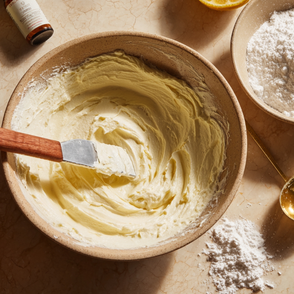 Creamy cheesecake filling in a bowl with a spatula, surrounded by powdered sugar, vanilla, and lemon—perfect for homemade salted caramel cheesecake cookies.