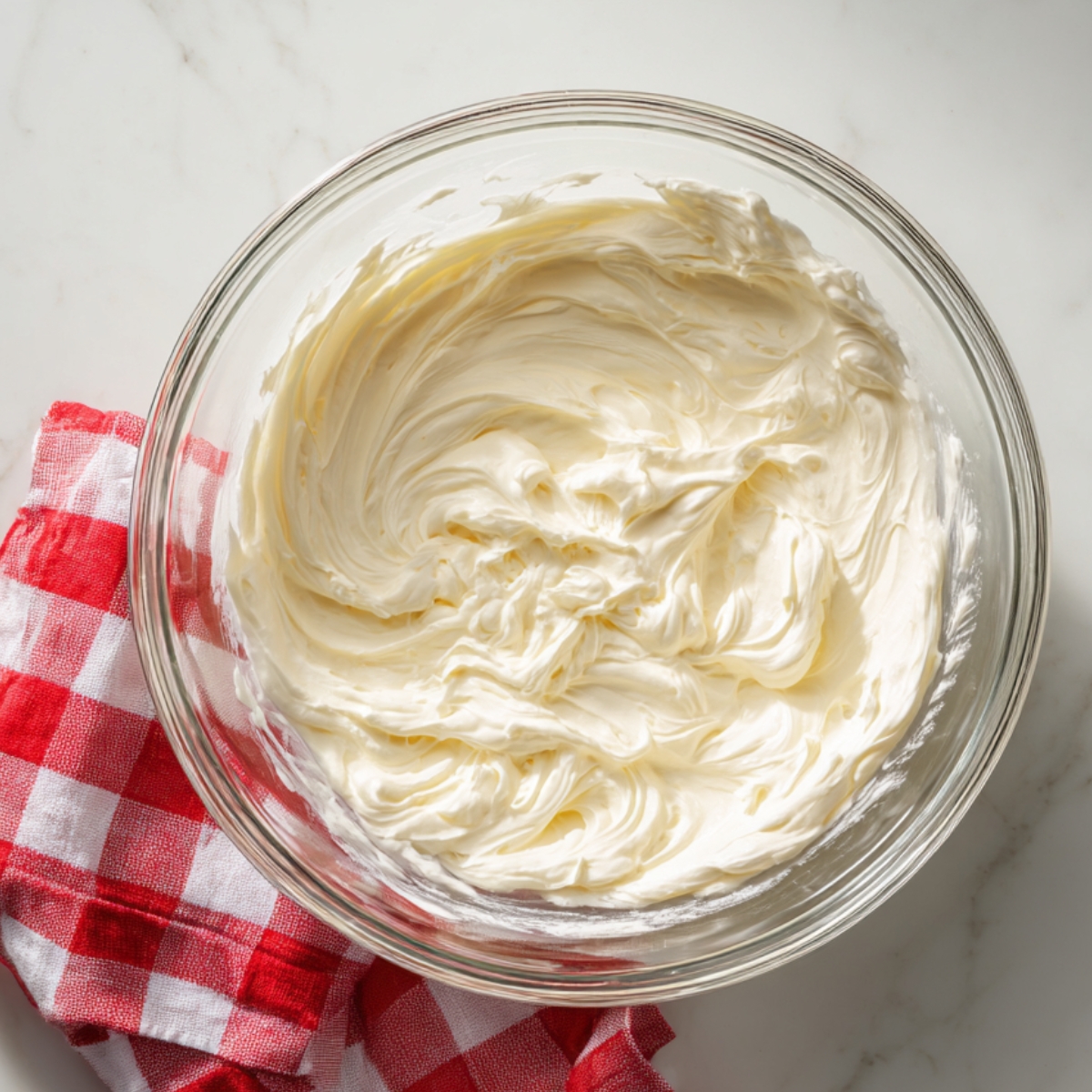 A glass bowl filled with smooth, fluffy homemade cheesecake filling, resting on a red and white checkered kitchen towel on a white marble countertop.