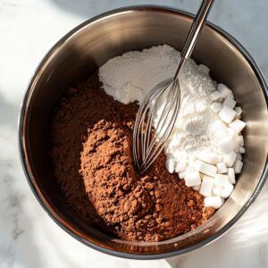 Mixing bowl with cocoa powder, flour, and sugar cubes, with a whisk on top, ready to make chocolate cake on a marble counter in natural light