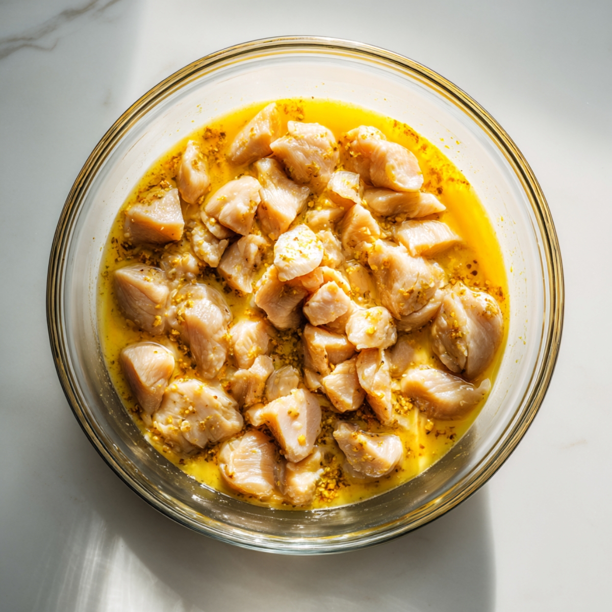 Raw chicken pieces marinating in an egg and seasoning mixture in a glass bowl on a white counter with natural light.