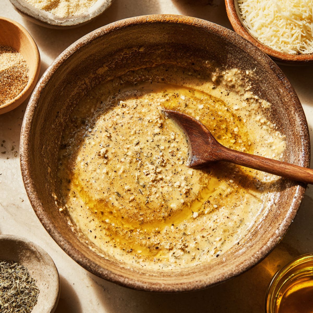 A rustic ceramic bowl filled with ranch garlic parmesan chicken coating, made of olive oil, grated cheese, and seasonings, stirred with a wooden spoon on a sunlit kitchen counter.
