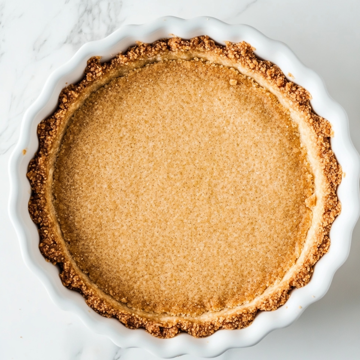 Top-down view of a homemade graham cracker pie crust in a white fluted dish, golden brown with a fine, crumbly texture, on a marble surface.