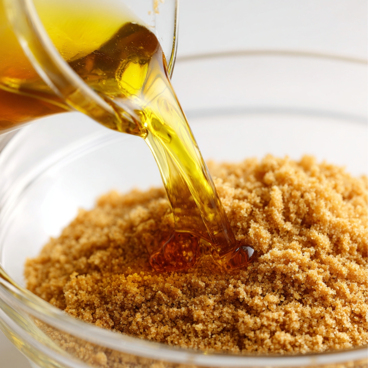 Melted butter being poured into a bowl of crushed Biscoff cookies, captured up close with a warm, natural light for a homemade look.
