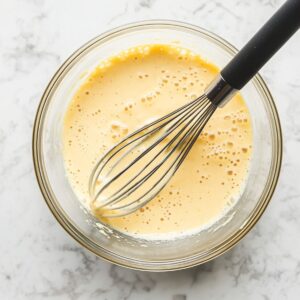 A glass bowl filled with a pale yellow egg mixture being whisked, sitting on a marble countertop, ready for dipping Monte Cristo sandwiches.