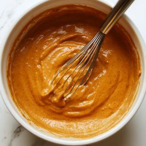 Pumpkin pie filling being whisked in a white mixing bowl, showing a smooth, creamy texture with visible spice specks on a marble countertop.