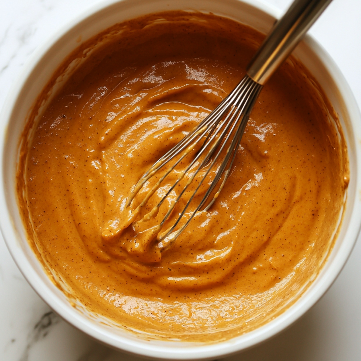 Pumpkin pie filling being whisked in a white mixing bowl, showing a smooth, creamy texture with visible spice specks on a marble countertop.
