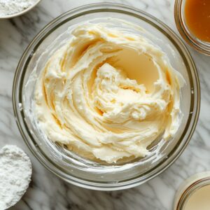 Creamy caramel buttercream frosting in a glass bowl on a marble countertop, whipped to a light, fluffy texture, surrounded by powdered sugar, caramel sauce, and cream.